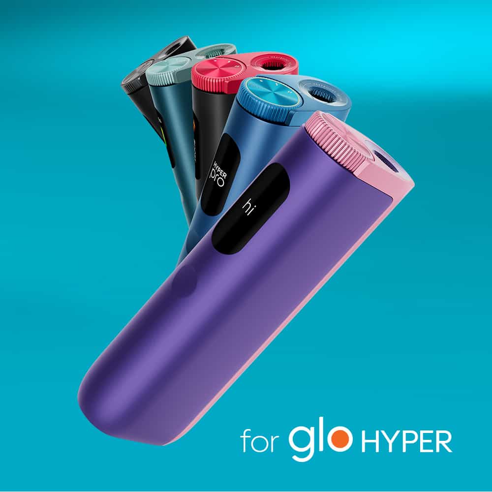 Five colorful Glo Hyper devices are arranged diagonally against a blue background, evoking the warm, balanced tobacco taste of Lucky Strike Balanced Tobacco, with the text for glo HYPER in the bottom right corner.