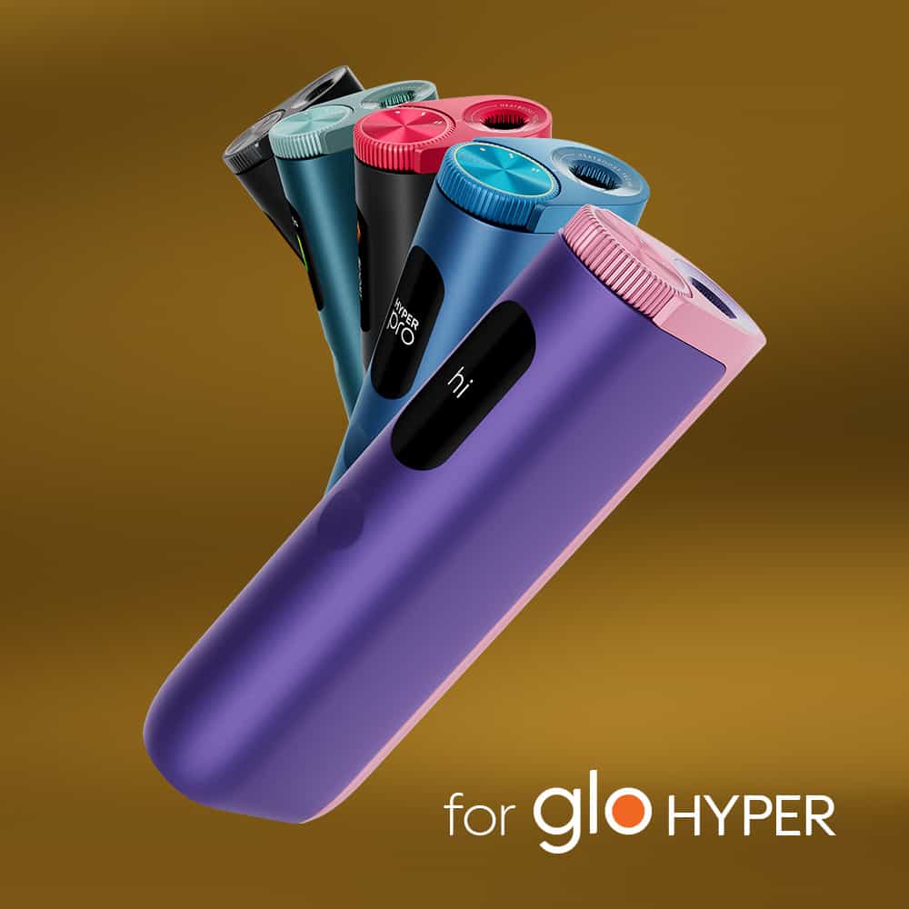 Five neo™ Golden Tobacco vape devices are arranged in a fan shape against a gold background, with the text "for glo HYPER" in the lower right corner.