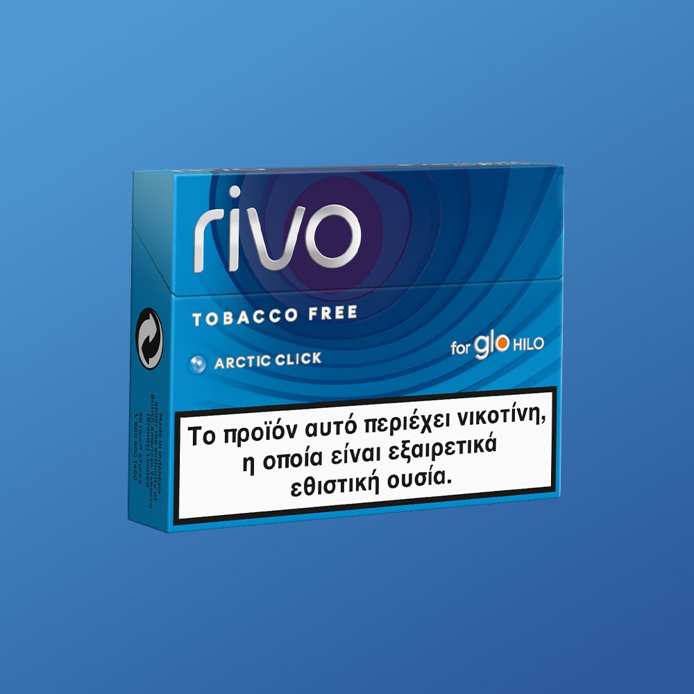 A blue box of rivo™ Arctic Click for glo HILO, tobacco free, with a Greek warning stating the product contains nicotine, a highly addictive substance.