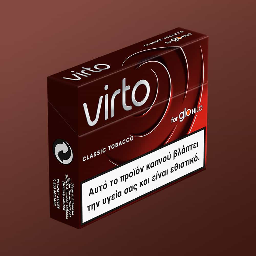 A pack of virto™ Classic Tobacco for glo HILO, featuring a large Greek warning label about harm and addiction, set on a gradient brown background.