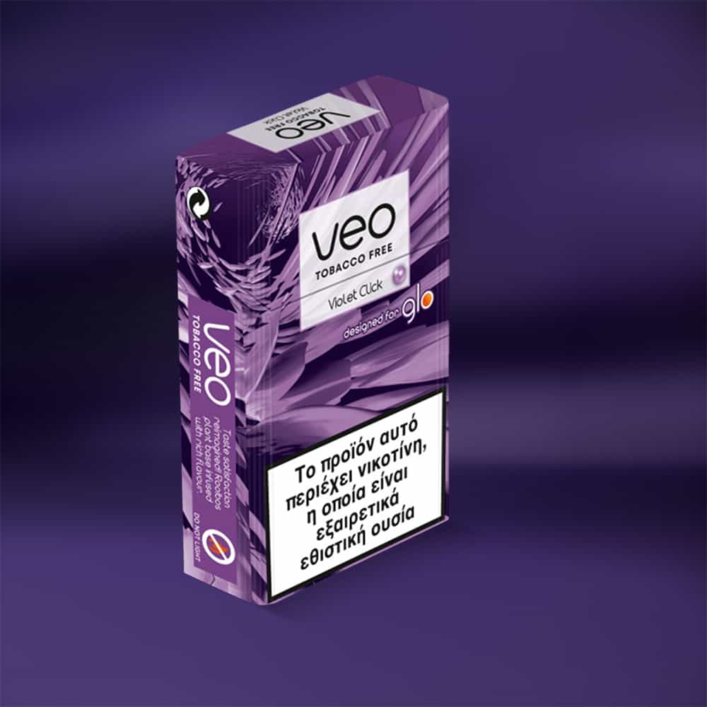 A purple and white box of veo™ Violet Click tobacco-free sticks is displayed on a purple background, with Greek text and a nicotine warning label on the front.