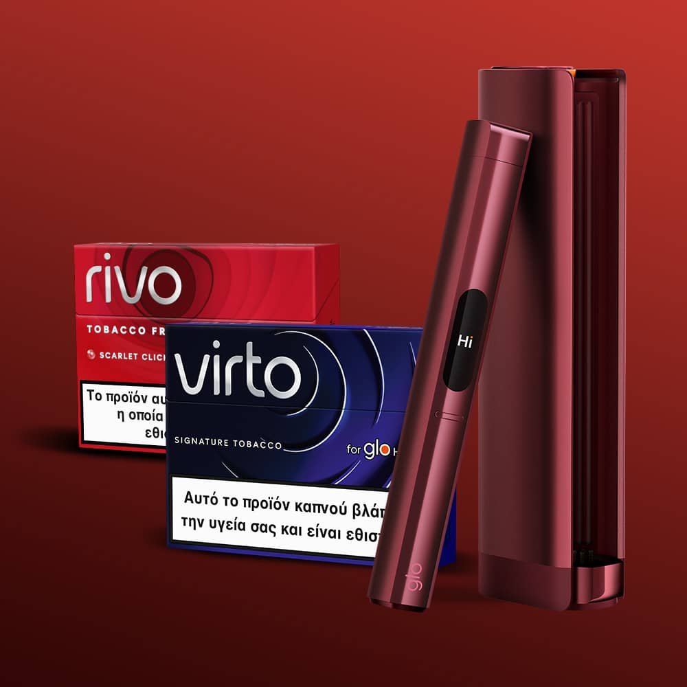 A sleek, metallic red glo™ HILO Plus device stands upright before two colorful tobacco-free boxes labeled rivo and virto, both with Greek health warnings, all set against a gradient red background.