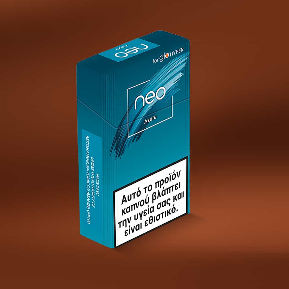 A blue carton of neo™ Azure tobacco sticks for glo HYPER is displayed on a brown background. The box features a Greek health warning stating that the product is harmful to health and addictive.