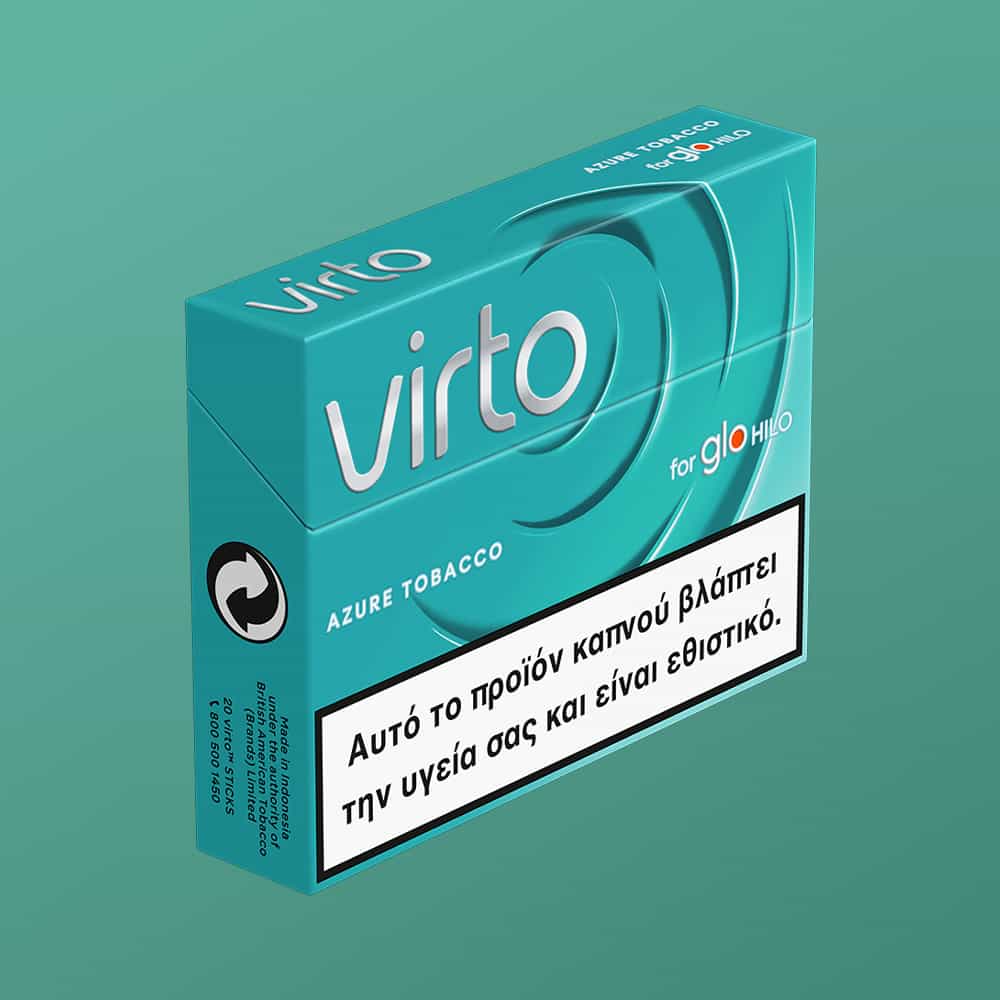 A turquoise virto™ Azure Tobacco pack with Greek health warning text stating the product harms health and is addictive, shown on a gradient green background.