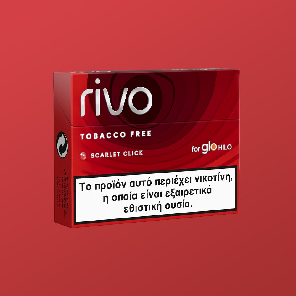A red pack of rivo™ Scarlet Click tobacco-free sticks for glo HILO. Front features a bold Greek warning: This product contains nicotine, which is a highly addictive substance.