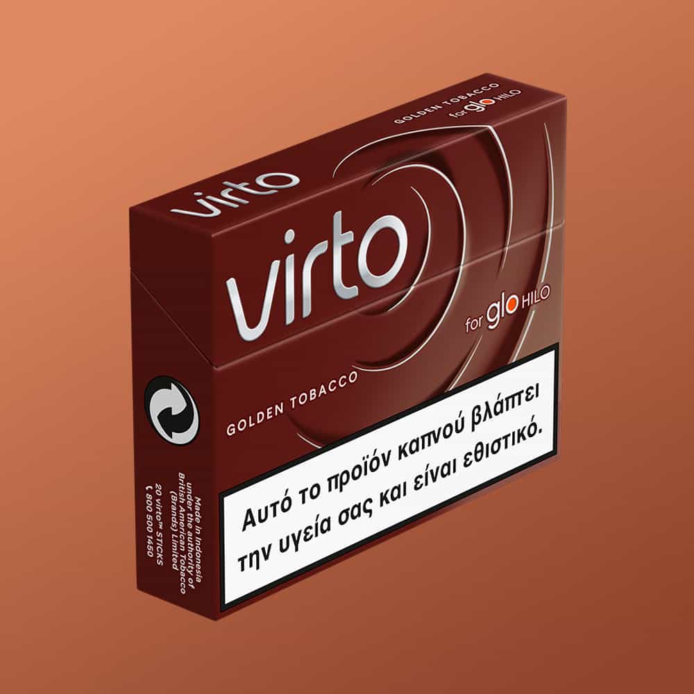 A maroon pack of virto™ Golden Tobacco for glo HILO is displayed on a brown background, with a prominent white health warning in Greek at the bottom.
