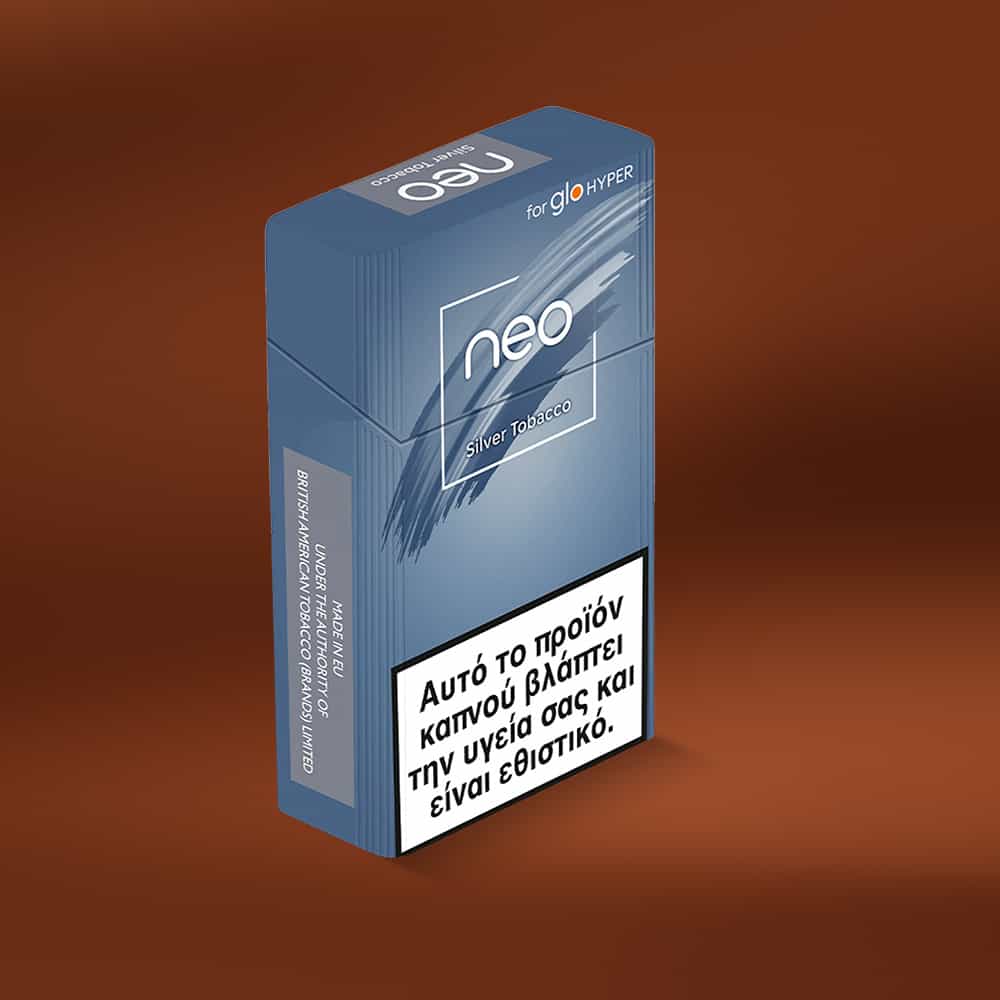 A blue pack of neo™ Silver Tobacco for glo Hyper is set against a brown background, featuring a large white Greek warning label about health risks and addiction.