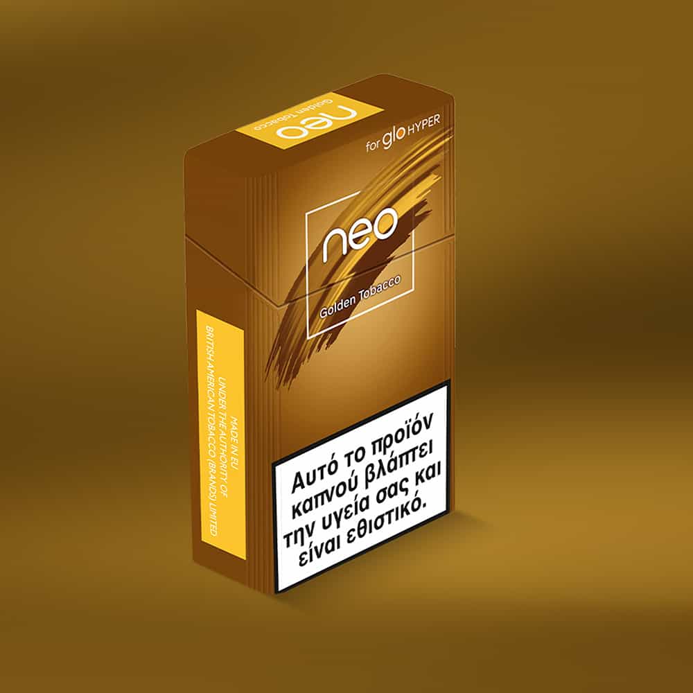A gold and brown neo™ Golden Tobacco box for glo HYPER with a large Greek health warning on the front, displayed against a matching brown background.
