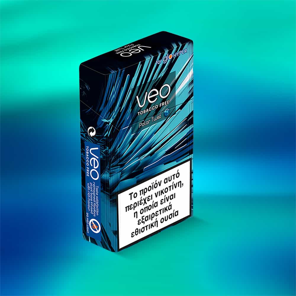 A blue and black pack of veo™ Polar Twist with abstract patterns and a large Greek warning label on the lower front. The background features a blue gradient.