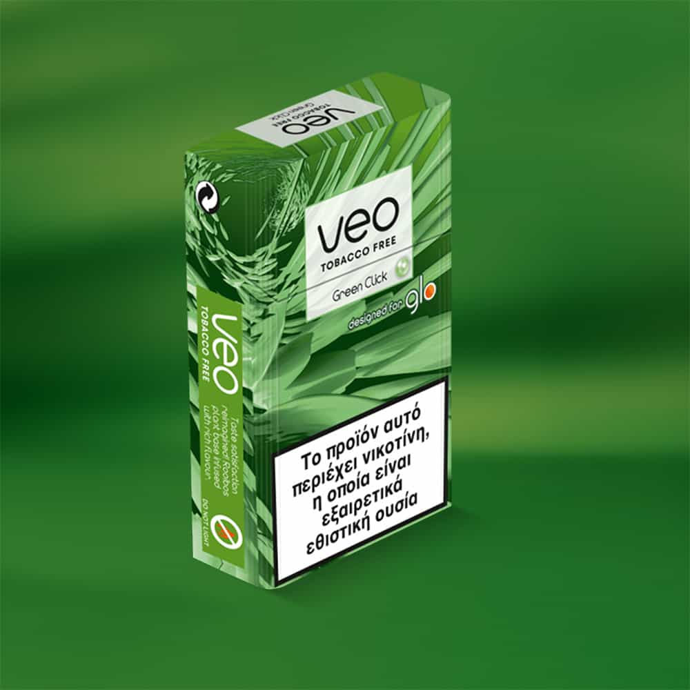 A green box of veo™ Green Click sticks with Greek text and a prominent white warning label at the bottom, displayed on a plain green background.