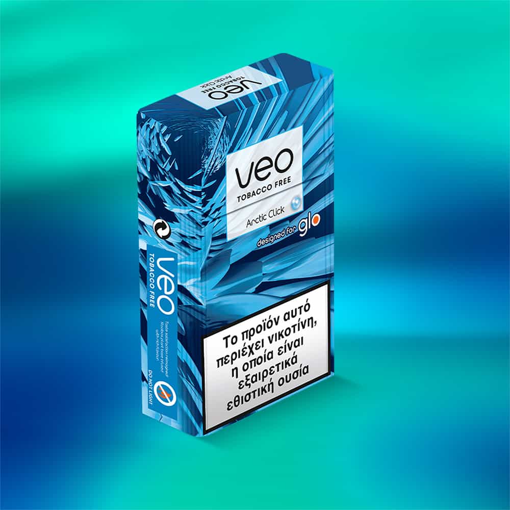 A veo™ Arctic Click tobacco-free product package with a Greek health warning is shown on a blue gradient background.