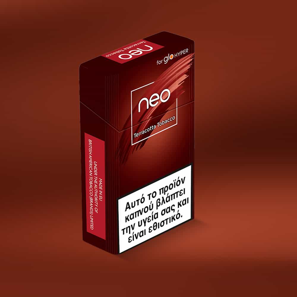 A pack of neo™ Terracotta Tobacco sticks for glo HYPER with Greek warning text is shown on a red background matching the pack’s color.