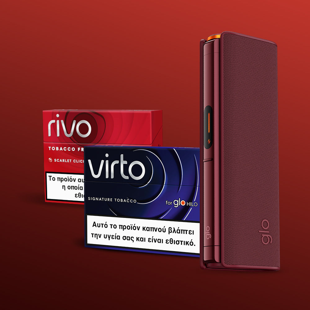 The glo™ HILO Plus Sleeve, a burgundy electronic smoking device with a premium fabric cover, stands upright before two cigarette packs—red-labeled rivo and blue-labeled virto—against a vibrant red gradient background.