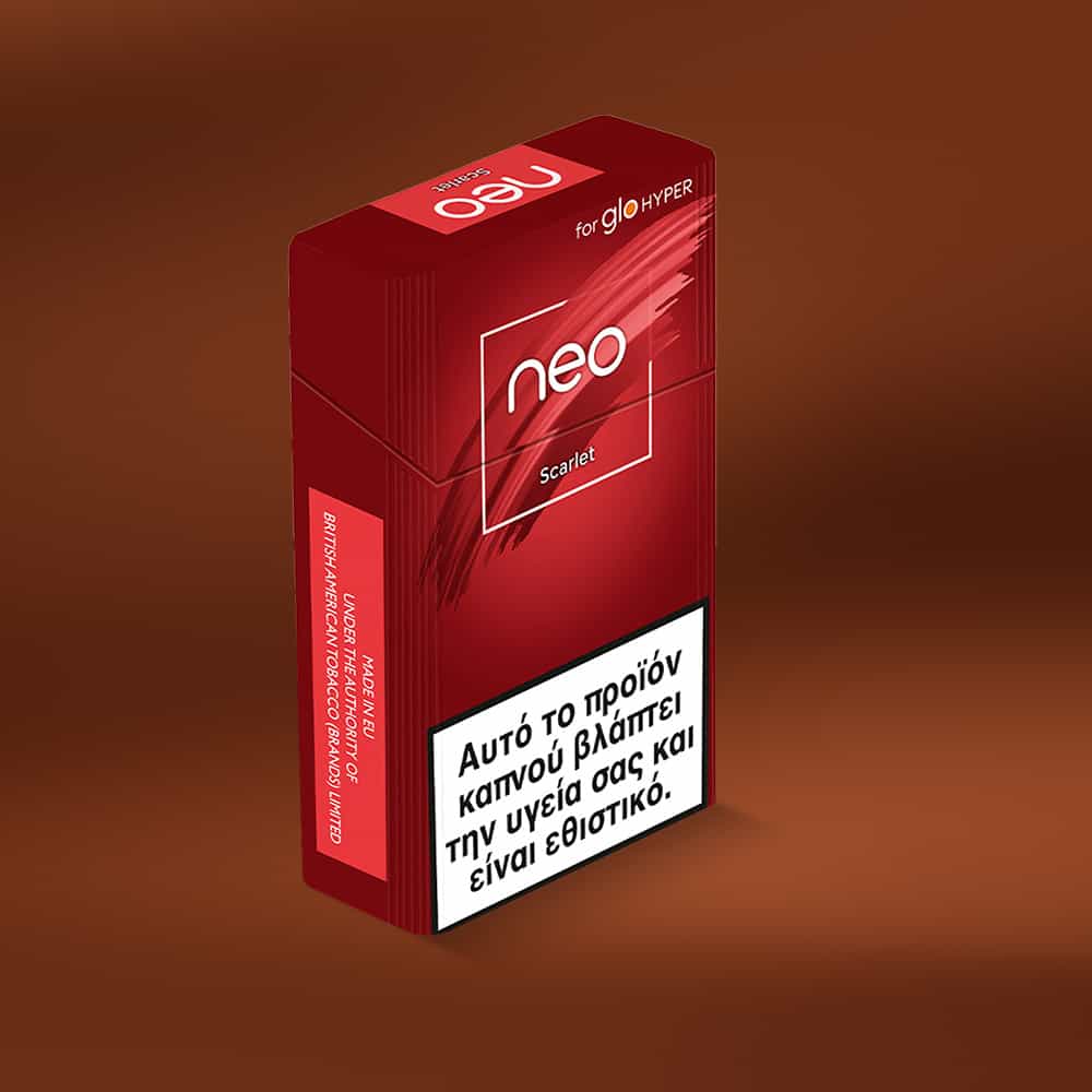 A rectangular pack labeled neo™ Scarlet features a red design with Greek health warnings about smoking. The background displays a gradient of brown shades.