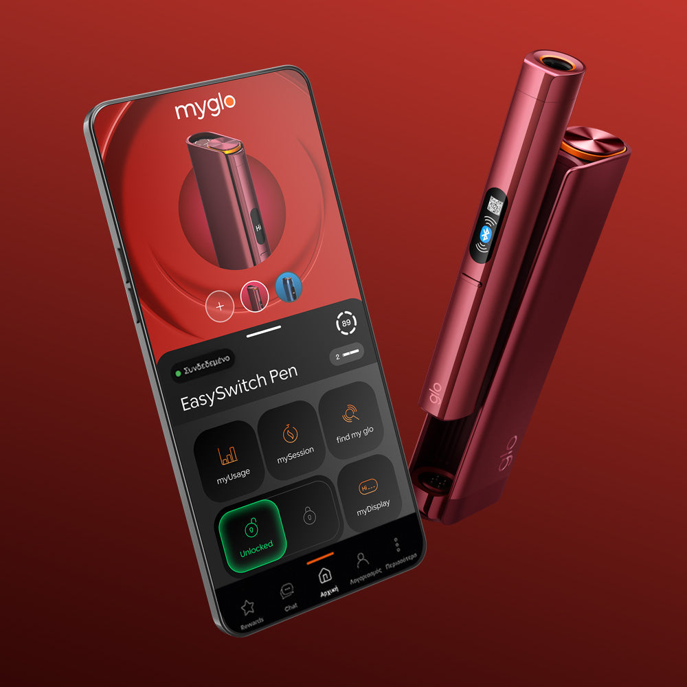 A sleek red glo™ HILO Plus Replacement Pen is displayed beside a smartphone with the myglo app, showcasing options to customize your device and manage replacement pens. The scene features a matching red gradient background.