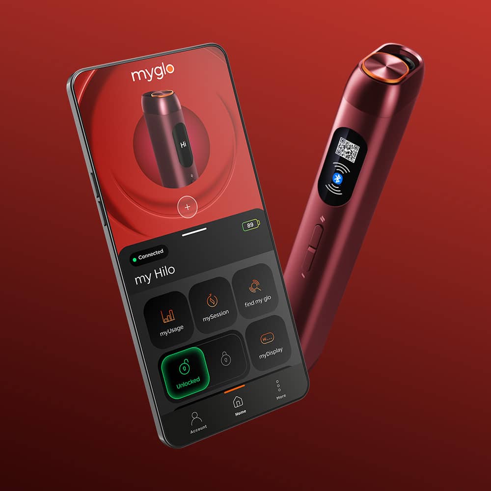A sleek, dark red glo™ HILO electronic device with a digital display appears beside a smartphone showing its control app, all set against a red gradient background.