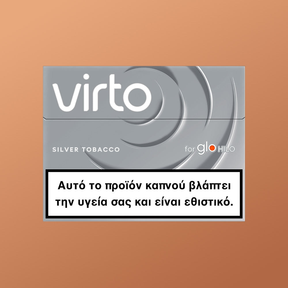 A virto™ Silver Tobacco pack for glo HILO features a Greek warning: "Αυτό το προϊόν καπνού βλάπτει την υγεία σας και είναι εθιστικό" (This tobacco product harms your health and is addictive).