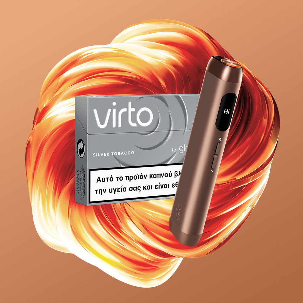 A metallic device labeled “Hi” stands upright beside a box labeled “virto™ Silver Tobacco” with Greek text, set against an abstract orange and white swirling background.