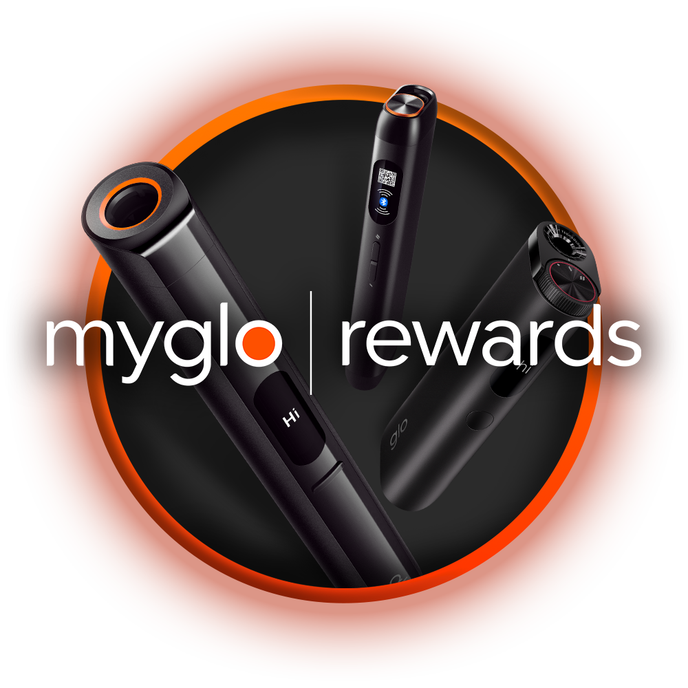 Three black electronic devices with screens and orange accents are displayed in a circle with an orange outline. Overlaid text reads myglo | rewards in white lowercase letters.