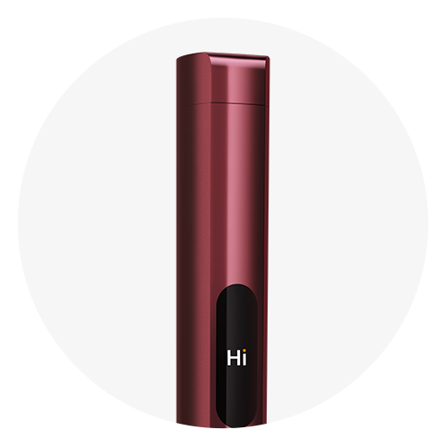 A sleek, cylindrical metallic red device with a glossy finish, featuring a black oval section near the base displaying the word Hi in white text. The background is plain white.
