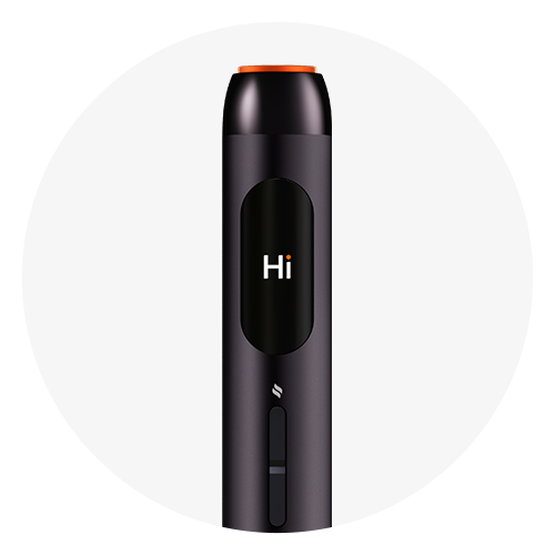 A sleek, black cylindrical electronic device with an orange button on top and the word Hi displayed on its front screen.