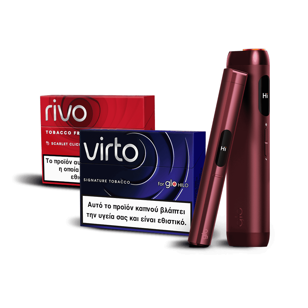 A red and a blue tobacco product package with Greek health warnings are shown behind a sleek, dark red electronic smoking device and a matching pen-like accessory.