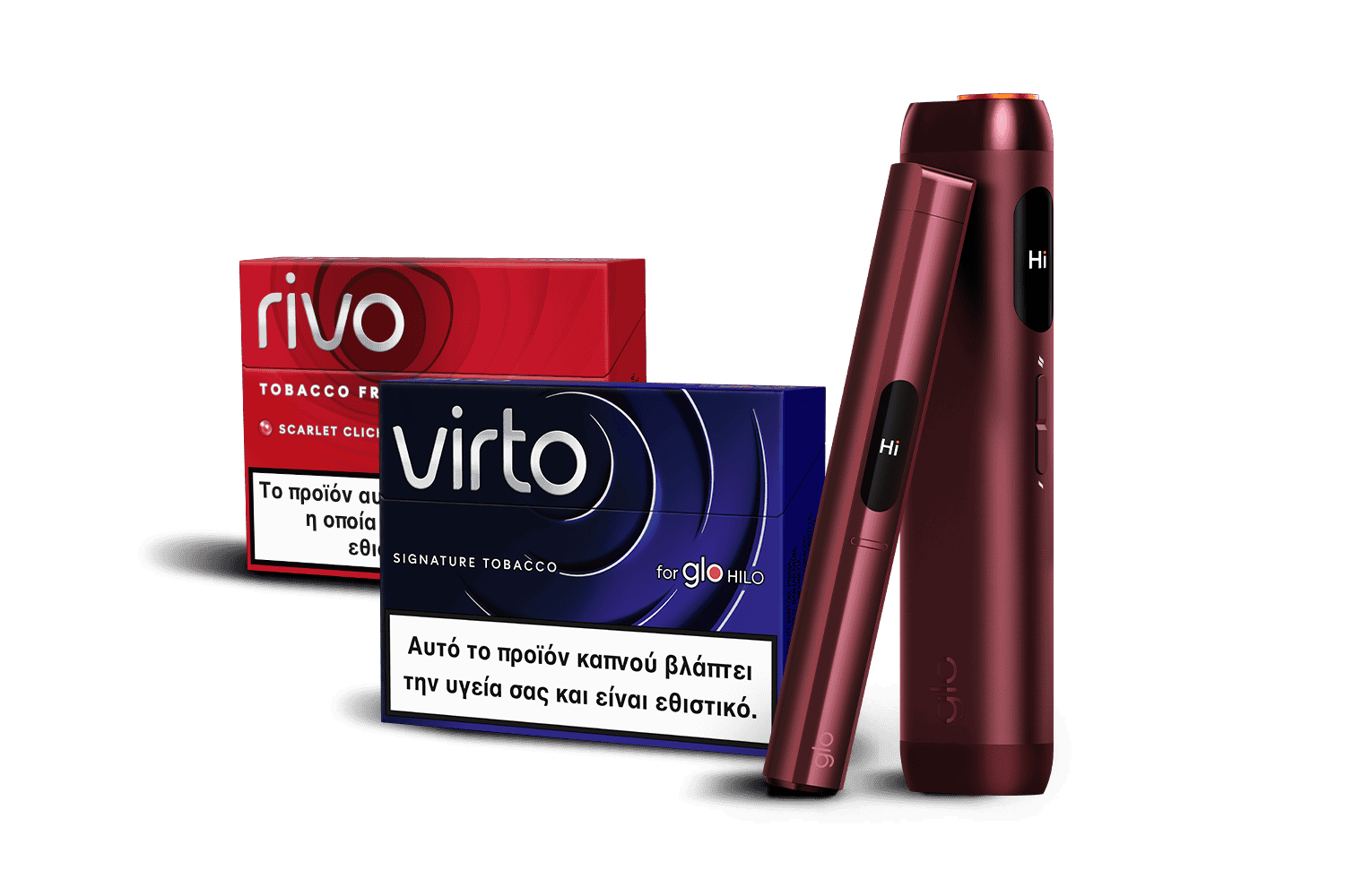 A burgundy electronic tobacco heating device stands upright next to a matching holder, with red rivo and blue virto tobacco stick packs featuring Greek health warnings in the foreground.