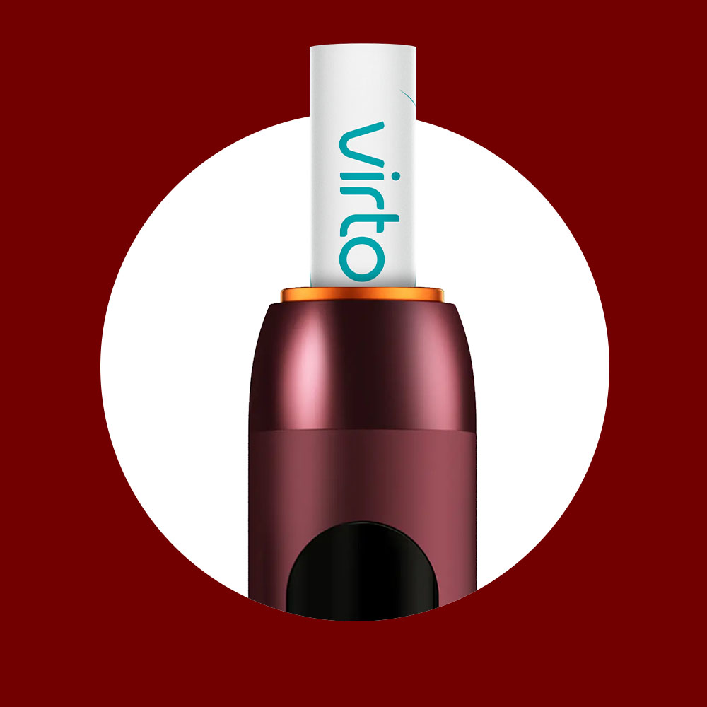 A close-up of a maroon electronic cigarette or tobacco heating device with a white stick labeled virto inserted into it, set against a white circle on a dark red background.