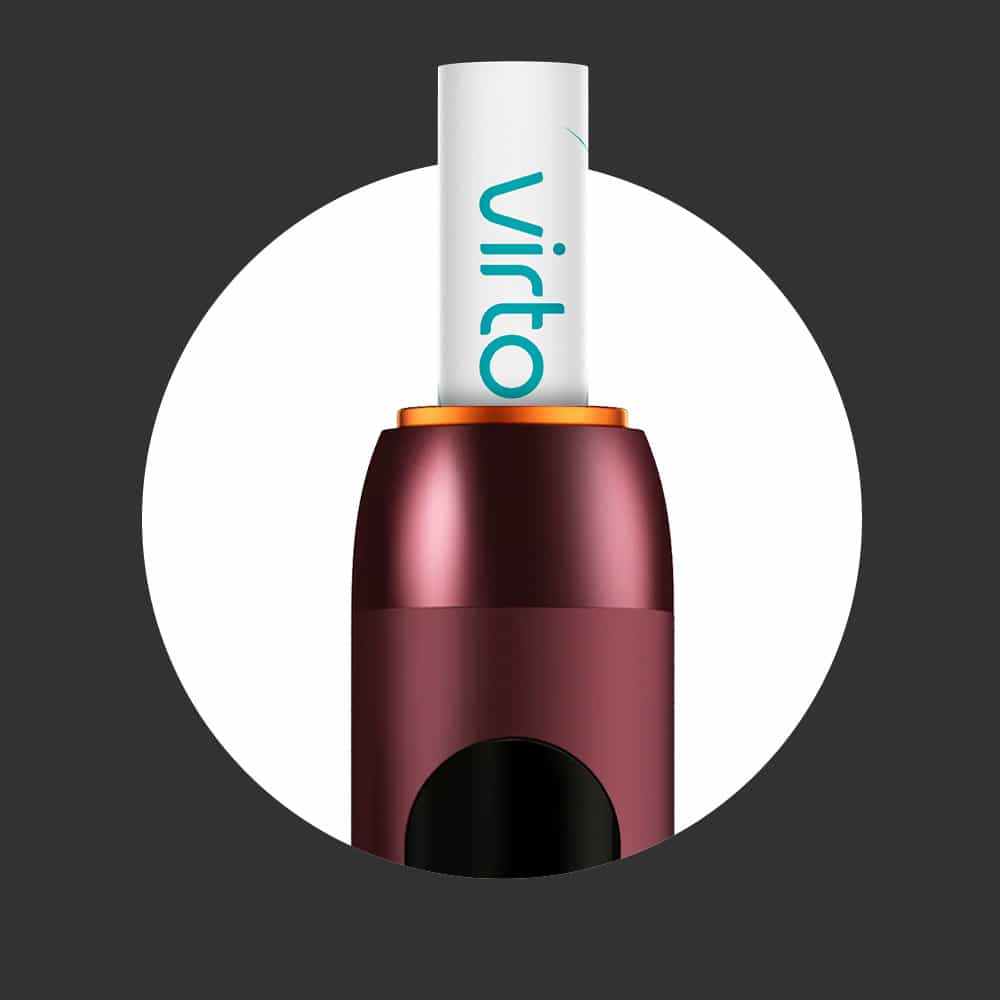 A close-up of a maroon electronic device with a white cylindrical stick labeled virto inserted into the top, set against a circular white background on a dark gray backdrop.