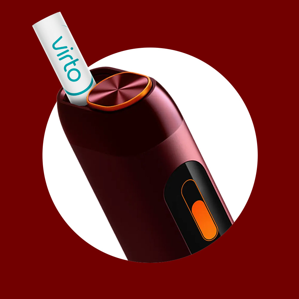 A close-up of a sleek, maroon electronic device with an orange button and a white stick labeled Virto inserted into the top, set against a circular white background on a maroon field.
