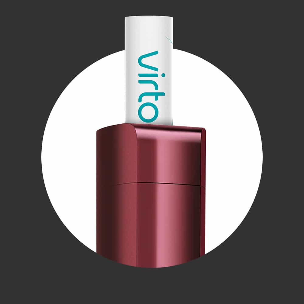 A close-up of a maroon-colored electronic tobacco device with a white stick labeled Virt inserted into it, set against a white circle on a dark background.