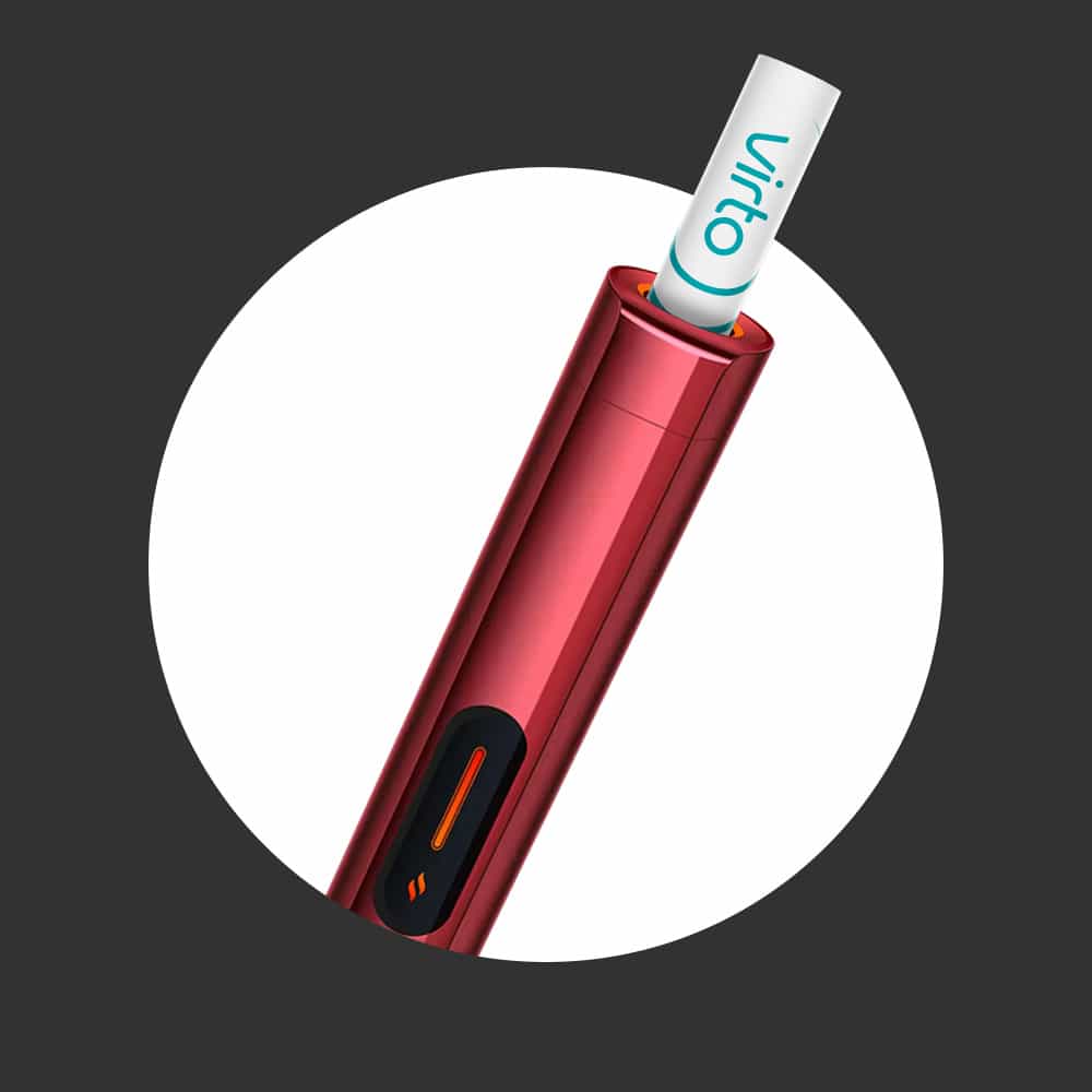 A red electronic smoking device with a white stick labeled Virto inserted into the top, set against a circular white background on a dark gray backdrop.