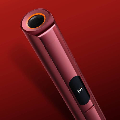 A sleek, metallic red electronic device with a circular opening at the top and a small screen displaying the word Hi against a red gradient background.