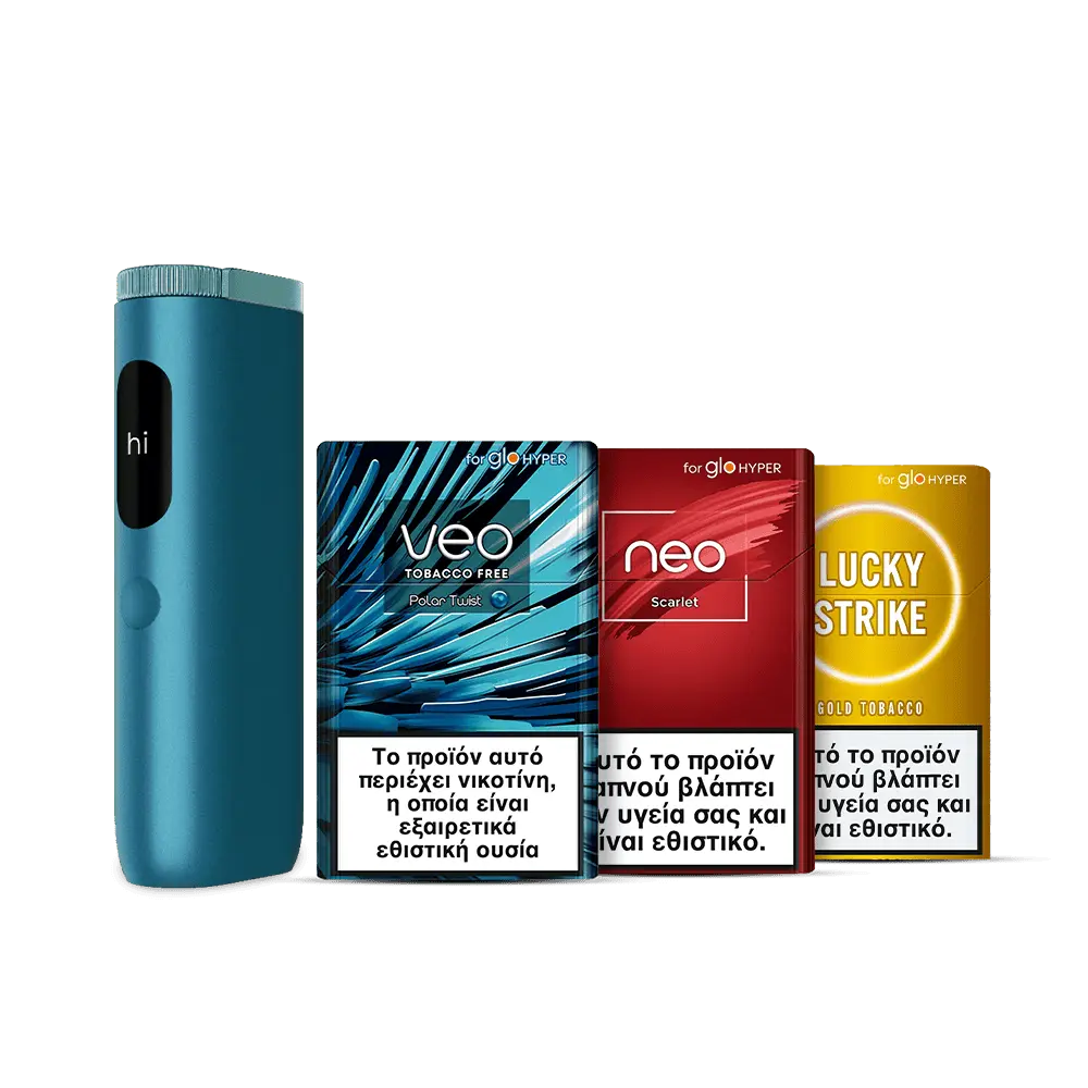 A blue electronic device stands upright next to three tobacco product packs labeled veo, neo, and Lucky Strike, each with health warnings in Greek at the bottom. The device displays hi on its screen.