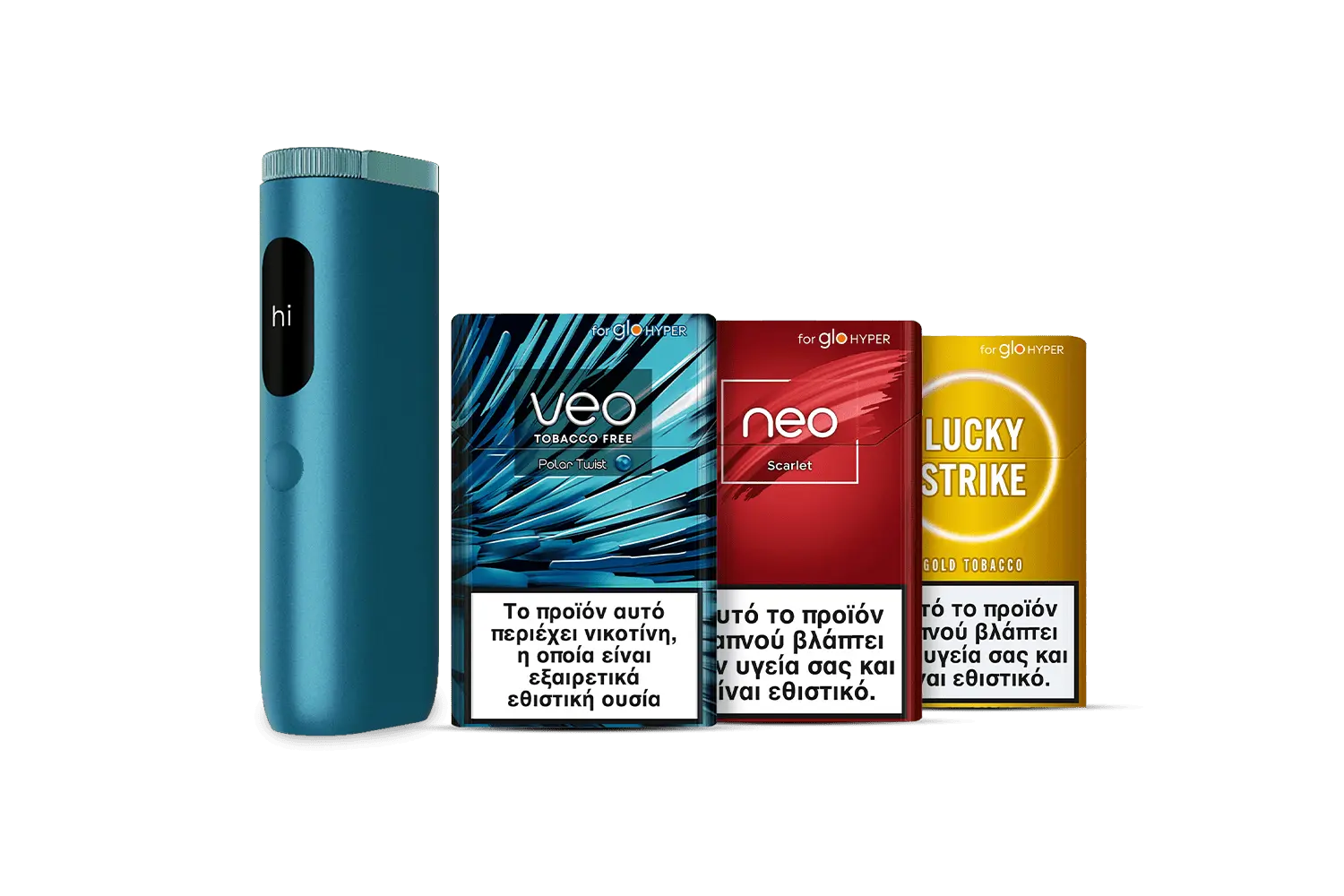 A blue electronic tobacco device stands upright next to three colorful tobacco cartridge packs labeled Veo, Neo, and Lucky Strike, all featuring Greek health warnings at the bottom.