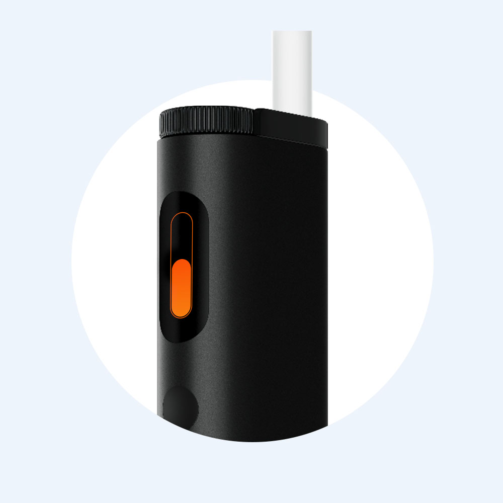 A close-up of a sleek black electronic device with a white mouthpiece and an orange button or indicator on its side, set against a light blue circular background.