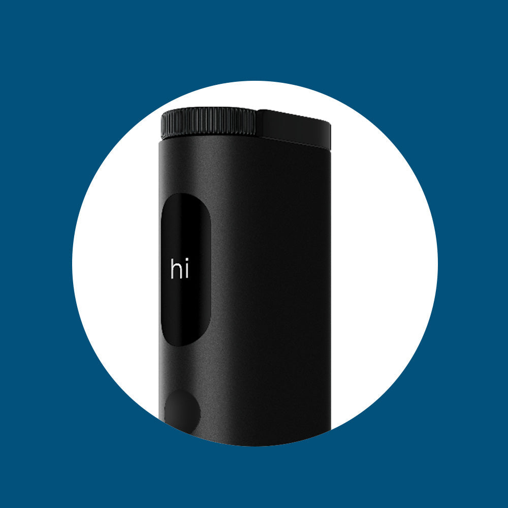 A sleek black cylindrical electronic device with a small screen displaying the word hi, shown against a blue background with a white circular frame.