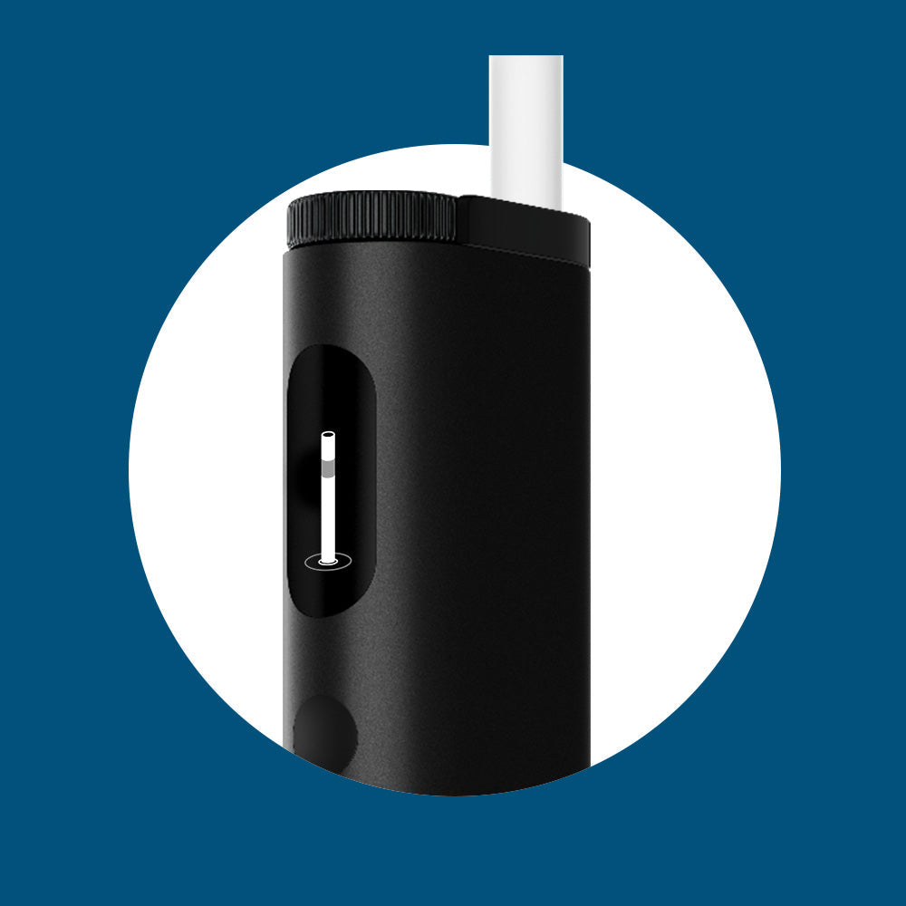 A close-up of a sleek, black electronic device with a visible adjustment knob and a white cylindrical component, set against a blue background with a white circular frame.