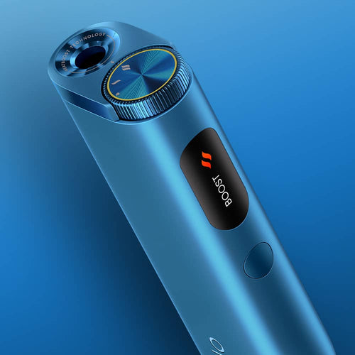 A close-up of a sleek, blue electronic device with a circular dial, a digital display showing the word BOOST and a red icon, set against a blue gradient background.