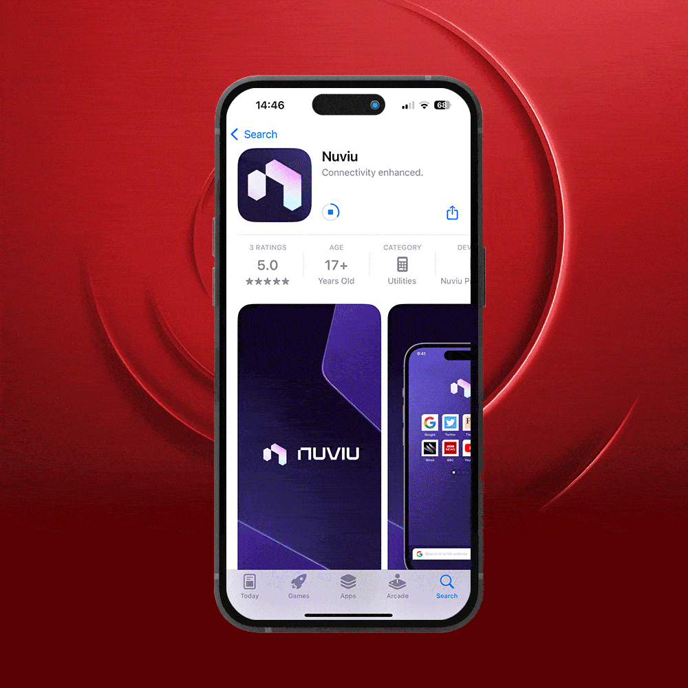 A smartphone displays the Nuviu app’s App Store page, showing its logo, name, 5-star rating, age rating, and preview images, all set against a red background with circular patterns.