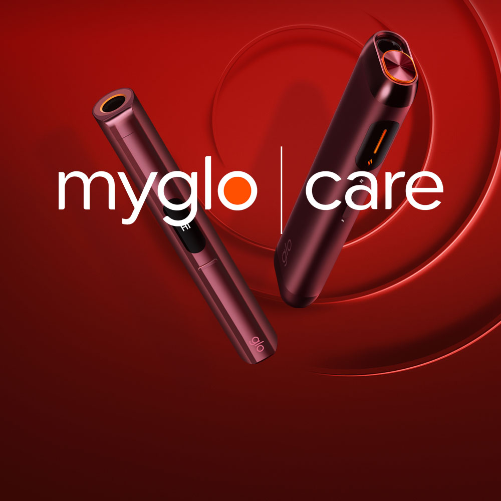 Two sleek, dark red electronic devices with the text myglo | care in white over a red background with swirling patterns.