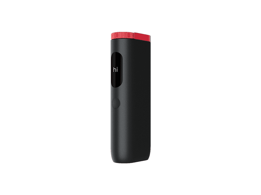 The glo™ HYPER PRO is a sleek, black handheld device with a compact screen displaying 'hi' and a red cap, shown against a plain light gray background.
