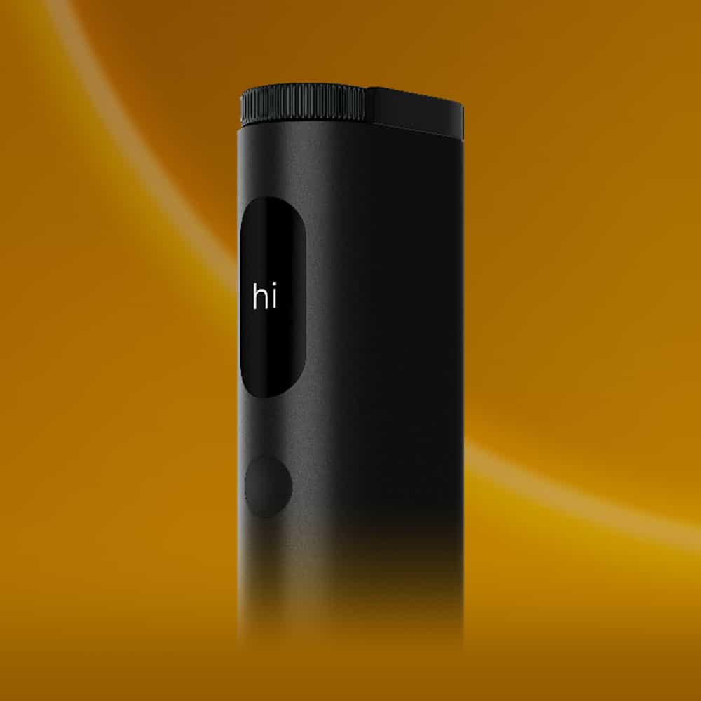 A black cylindrical electronic device with a digital display showing the word hi, set against a gradient orange background with a curved light streak.