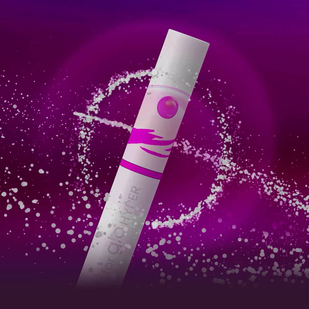 A purple and white vape pen with a stylized logo is shown against a vibrant purple background with swirling, glowing particles and splashes, giving a dynamic, energetic effect.