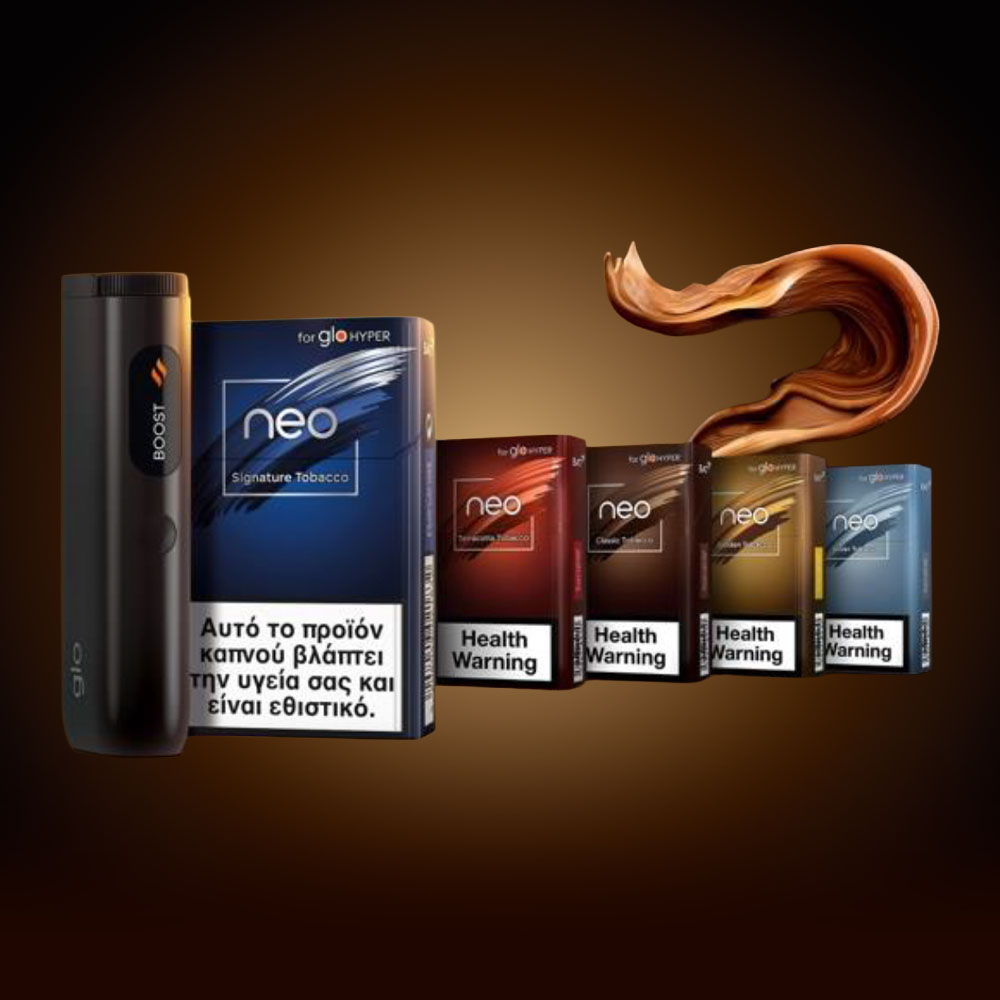 A black Glo Hyper device and five packs of Neo tobacco sticks in various flavors are displayed against a dark gradient background with a brown swirl above. Packs have health warnings in Greek and English.
