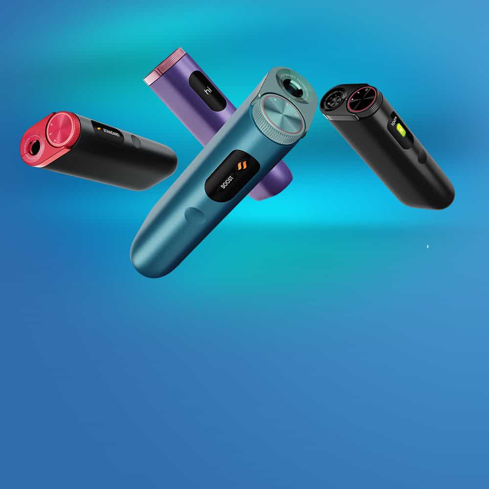 Four electronic vape devices in different colors (red, purple, blue, and black) are floating against a blue gradient background. Each device features buttons and LED indicators.