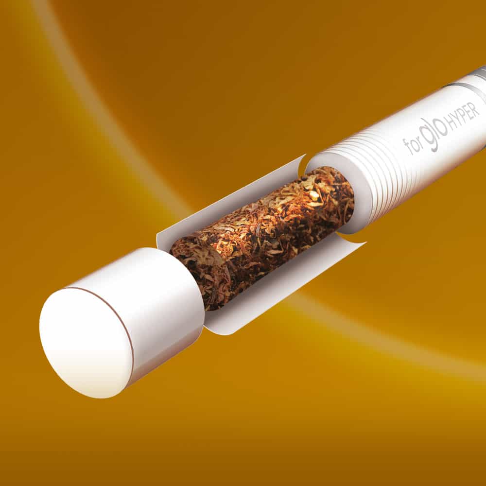 A close-up illustration of a heated tobacco stick cut open to reveal the shredded tobacco inside, against a yellow background.