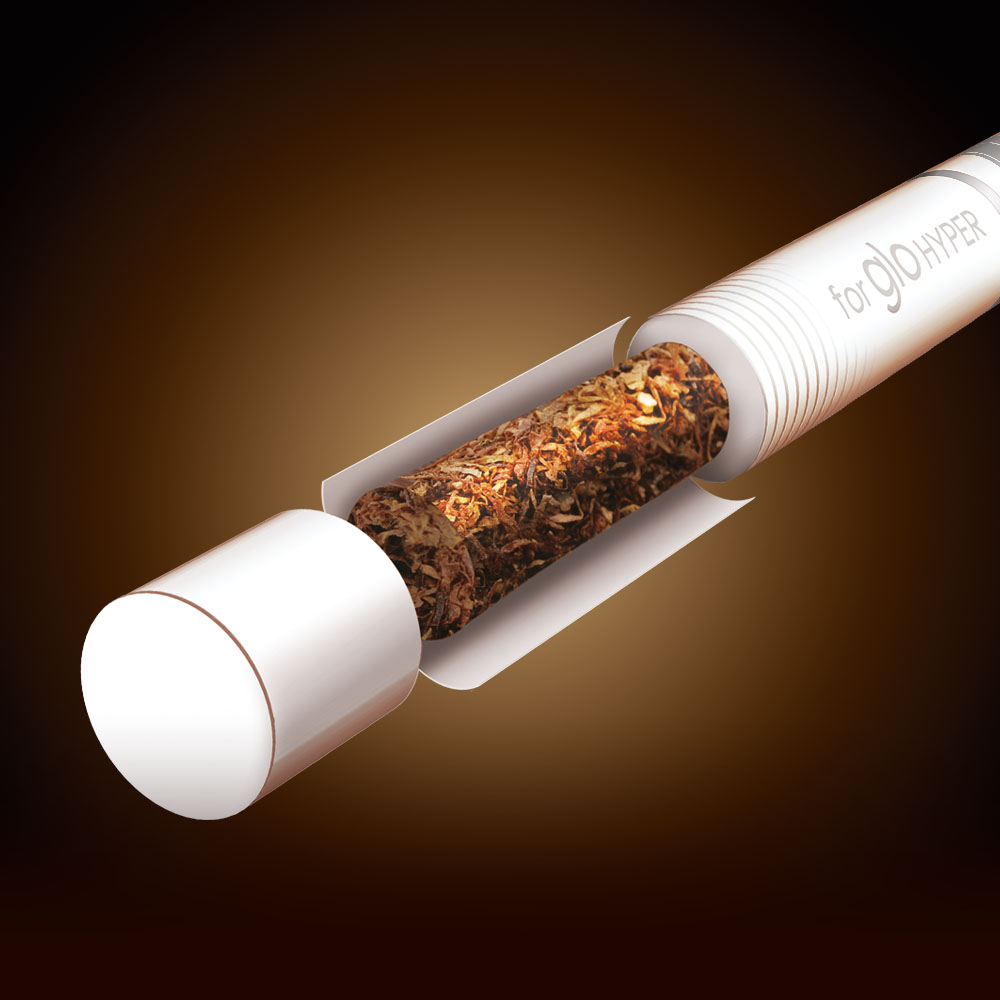 A close-up, cross-section view of a white cylindrical tobacco stick labeled for glo HYPER, revealing shredded tobacco packed inside against a dark gradient background.