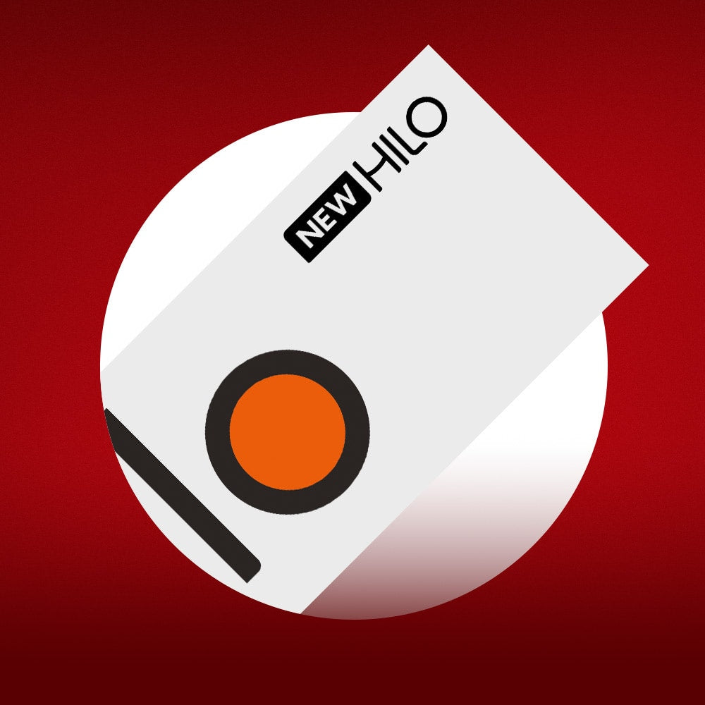 A white rectangular package labeled NEW HILO with a large orange and black circle, set against a red background with a white circle behind the package.