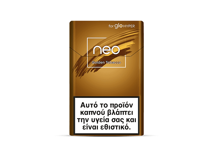 A golden-brown packet of neo™ Golden Tobacco for glo HYPER, featuring a Greek health warning on the front about the product’s harmful and addictive nature.